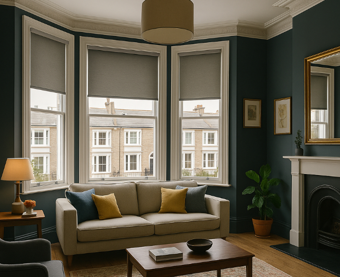 Living room featuring a grey sofa and a glass coffee table, with plantation shutters on the window