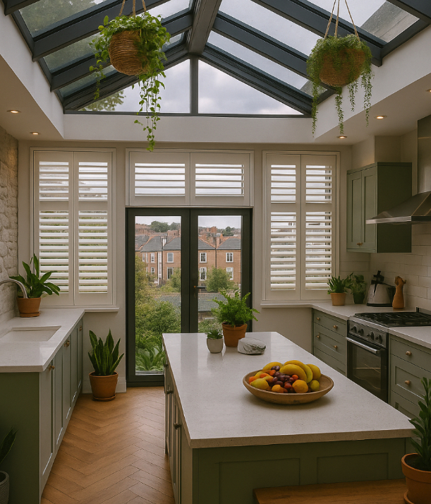 Bright contemporary kitchen with glazed roof extension and tier-on-tier plantation shutters, sage-green cabinetry, white quartz countertops, herringbone wood flooring, hanging plants, and a central island topped with a bowl of fresh fruit.