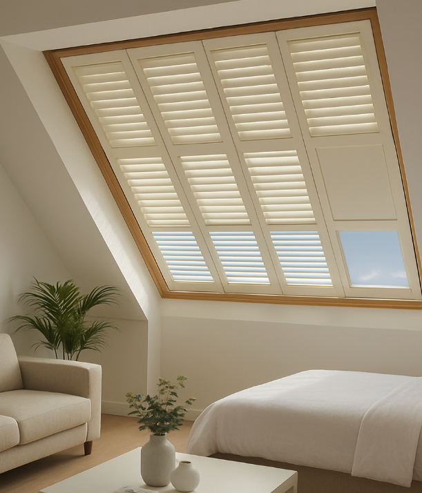 Bright loft bedroom with angled skylight fitted with tier-on-tier ivory plantation shutters, light wood trim, minimalist beige sofa, white bedding, and a low table with decorative vases and a potted plant.